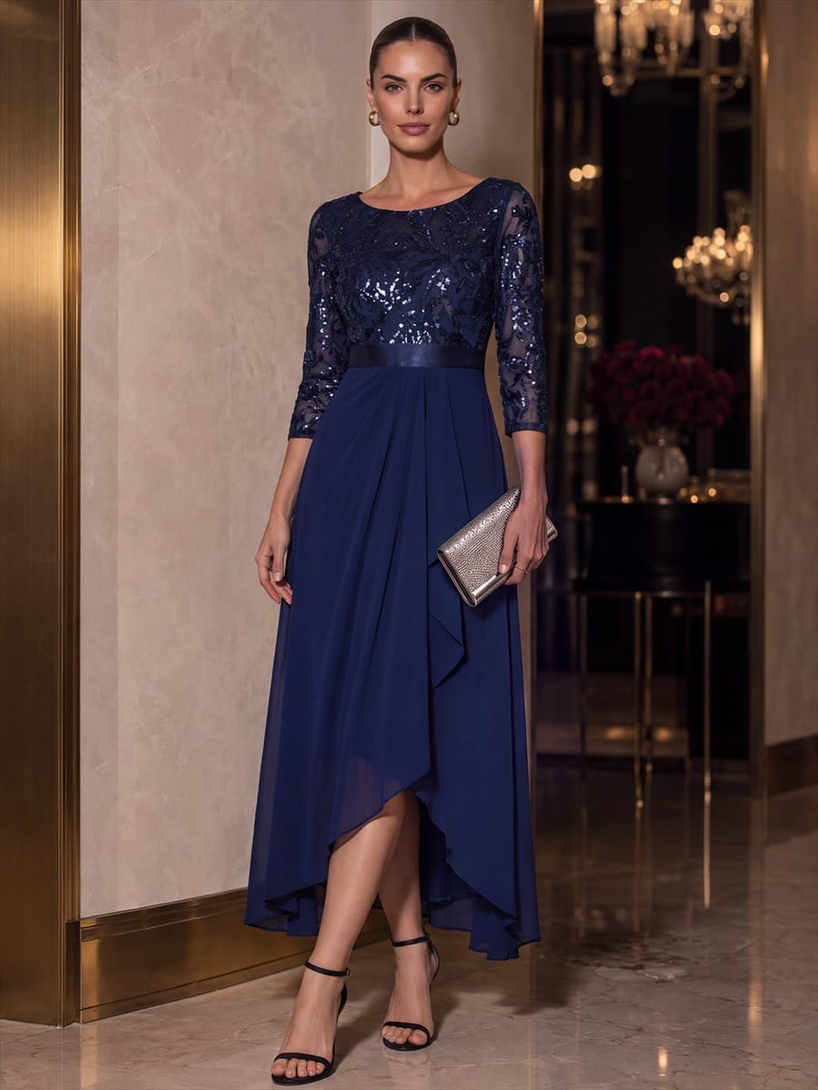 Sequin Fitted Sleeve Asymmetrical Silhouette Dress #color_Navy Blue