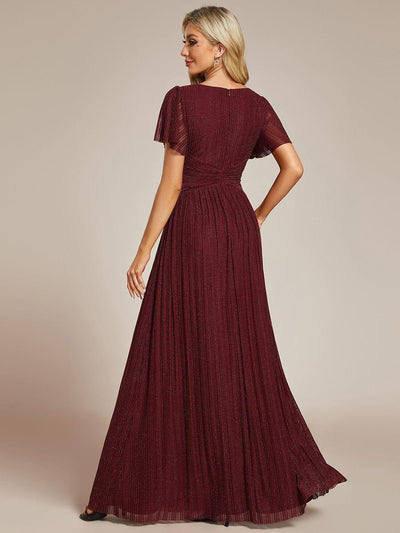 Sparkle Short Sleeves Formal Evening Dress with V-Neck #color_Burgundy