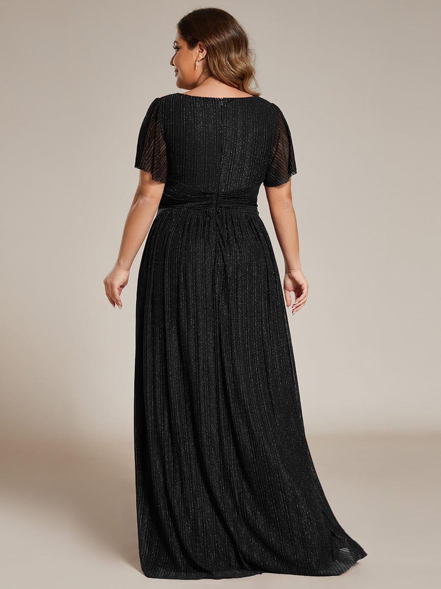 Plus Size Sparkle Short Sleeves Formal Evening Dress with V-Neck #color_Black