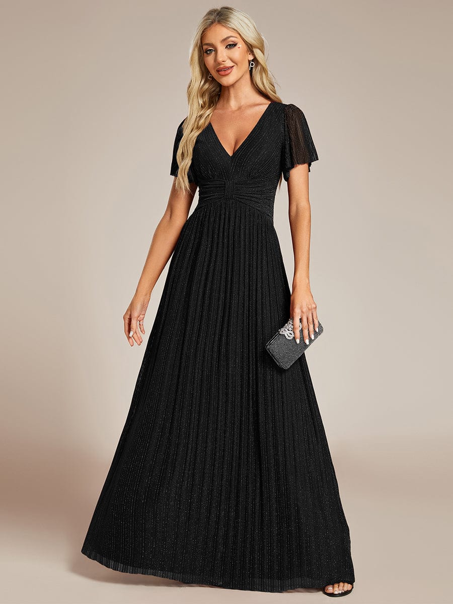 Sparkle Short Sleeves Formal Evening Dress with V-Neck #color_Black