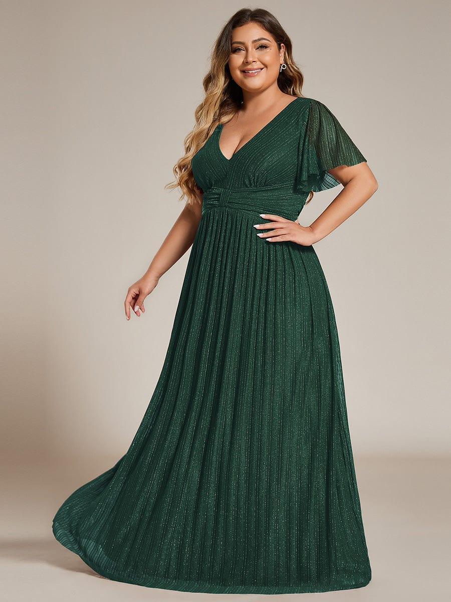 Sparkle Short Sleeves Formal Evening Dress with V-Neck #color_Dark Green