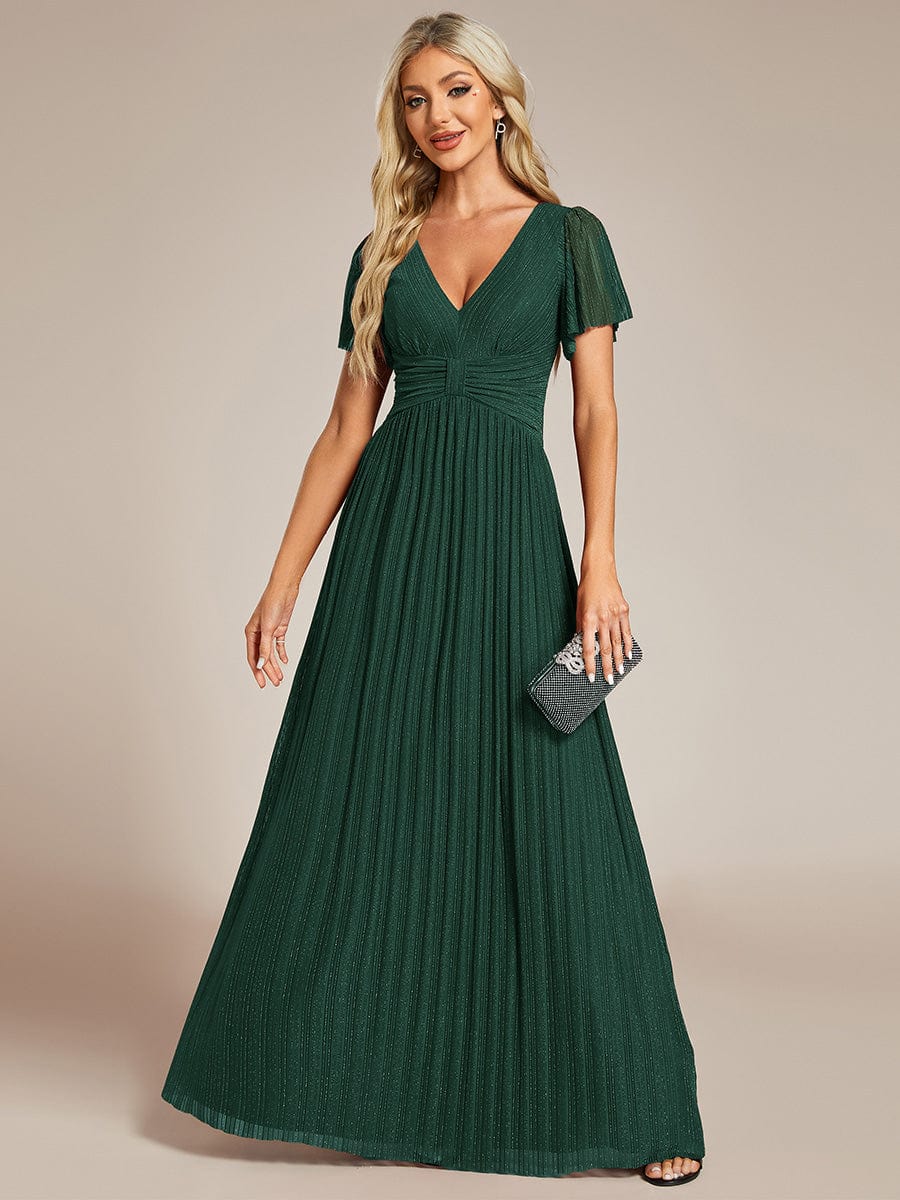 Sparkle Short Sleeves Formal Evening Dress with V-Neck #color_Dark Green