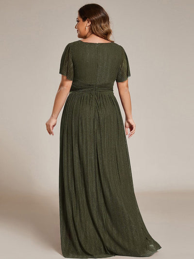 Plus Size Sparkle Short Sleeves Formal Evening Dress with V-Neck #color_Olive Green