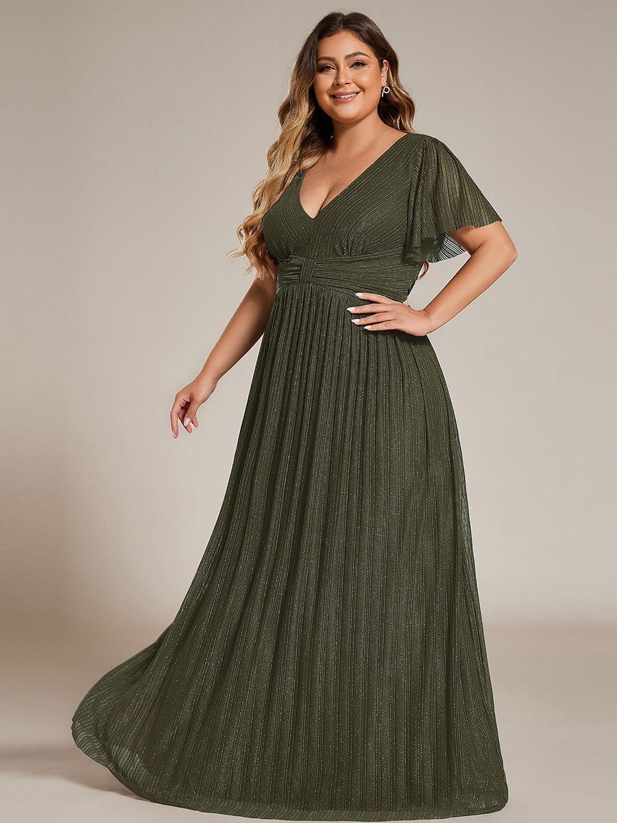 Sparkle Short Sleeves Formal Evening Dress with V-Neck #color_Olive Green