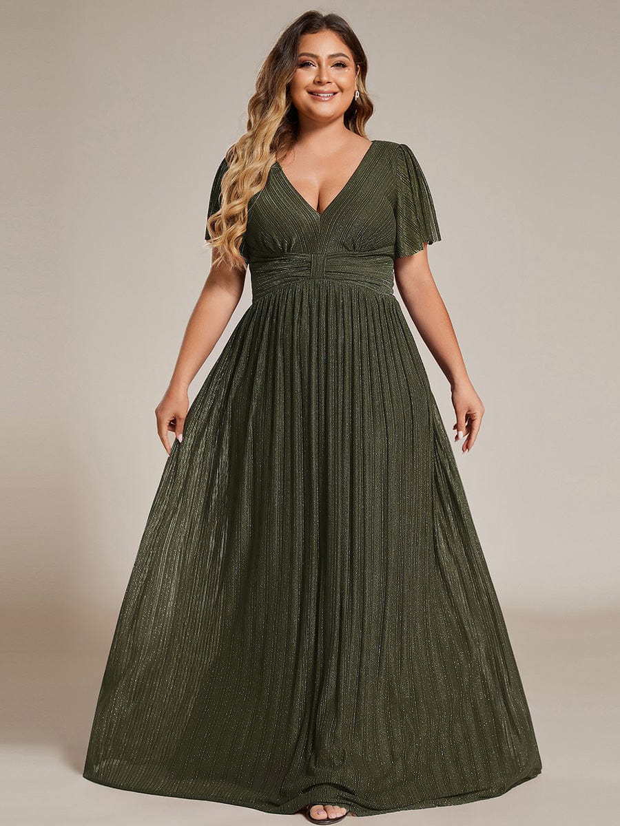 Sparkle Short Sleeves Formal Evening Dress with V-Neck #color_Olive Green
