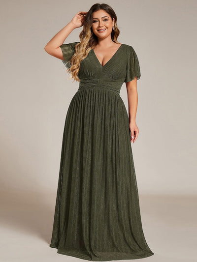 Plus Size Sparkle Short Sleeves Formal Evening Dress with V-Neck #color_Olive Green