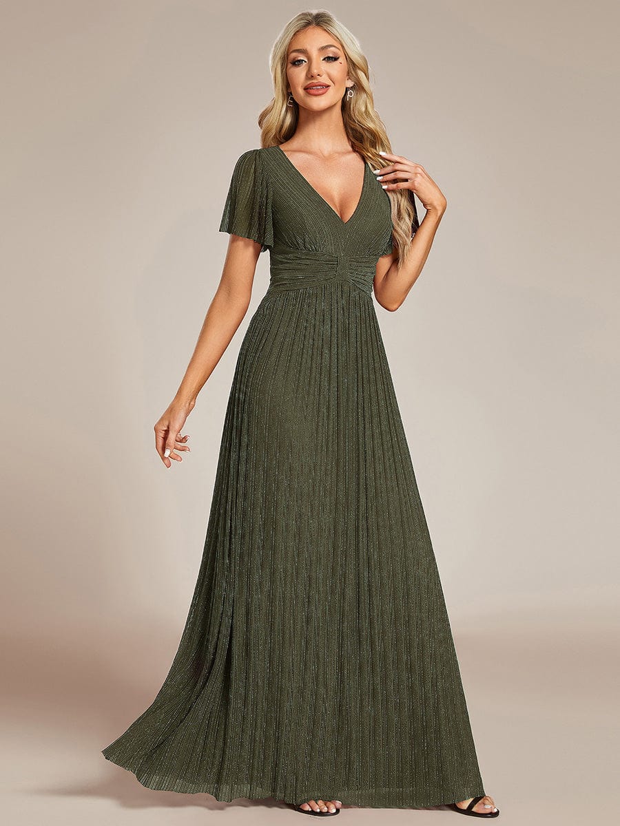 Sparkle Short Sleeves Formal Evening Dress with V-Neck #color_Olive Green