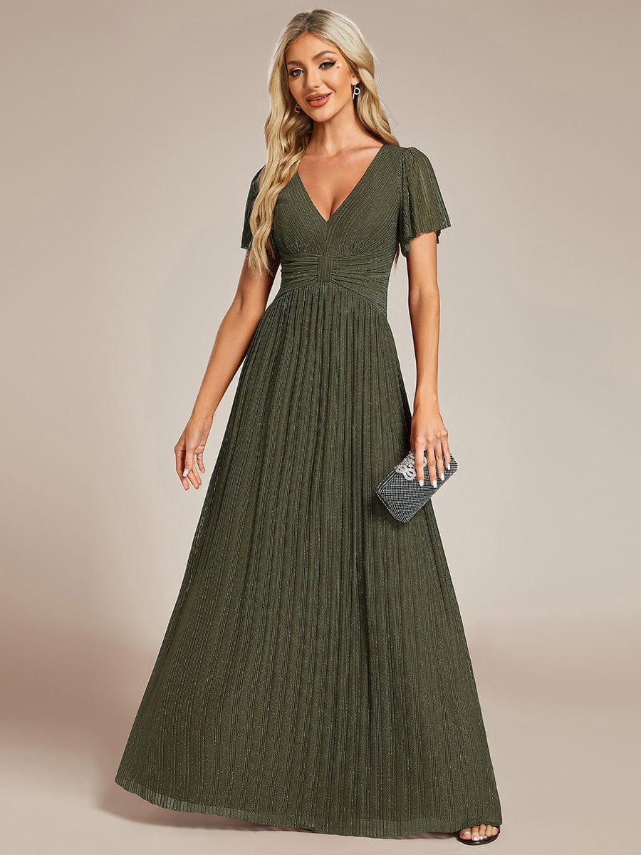 Sparkle Short Sleeves Formal Evening Dress with V-Neck #color_Olive Green