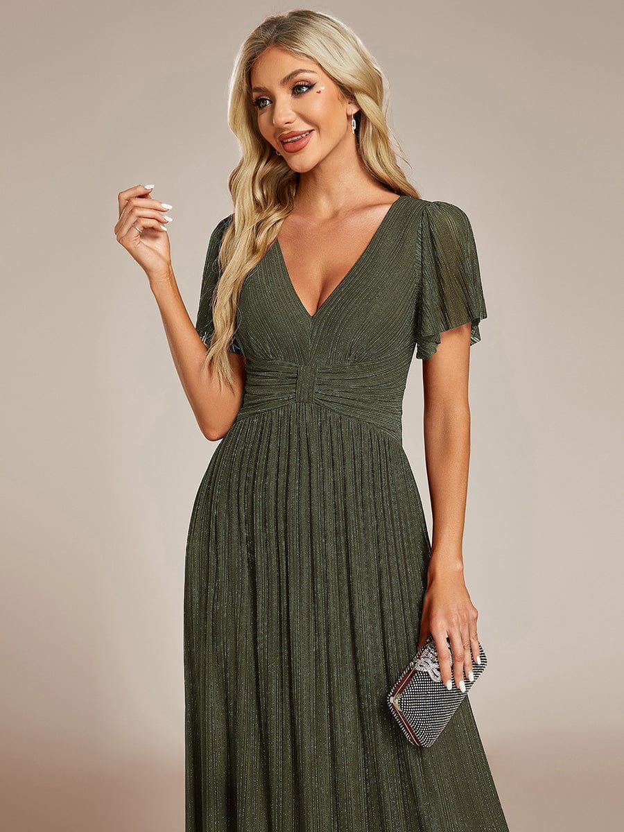 Sparkle Short Sleeves Formal Evening Dress with V-Neck #color_Olive Green