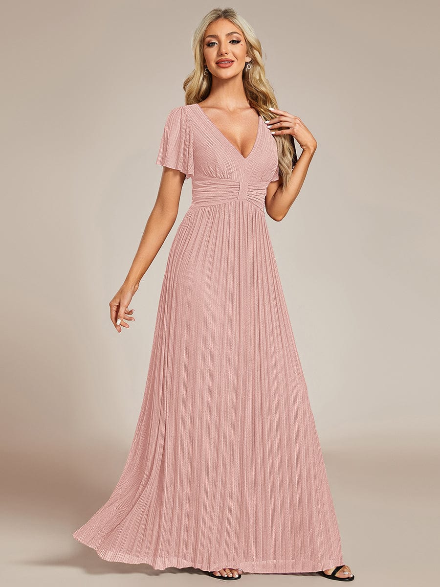 Sparkle Short Sleeves Formal Evening Dress with V-Neck #color_Pink