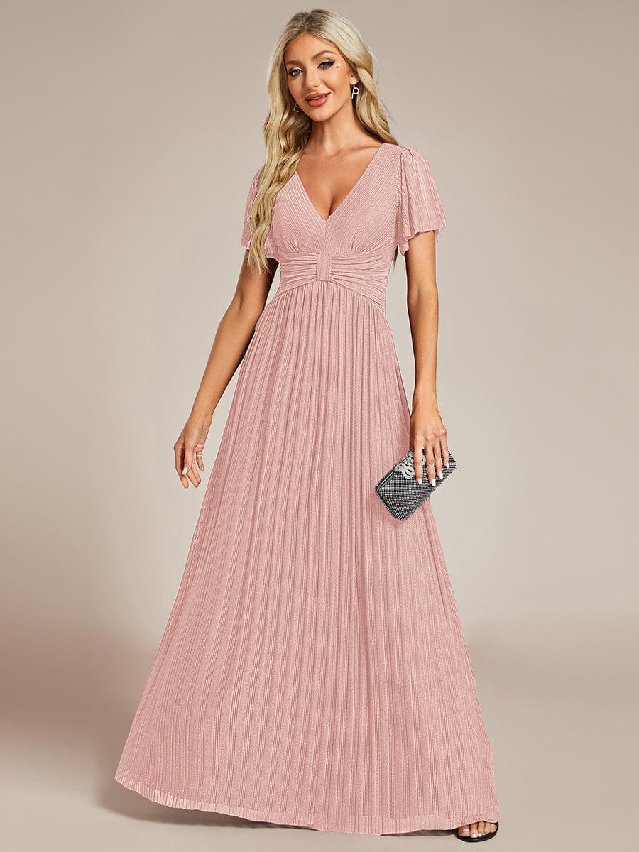 Sparkle Short Sleeves Formal Evening Dress with V-Neck #color_Pink
