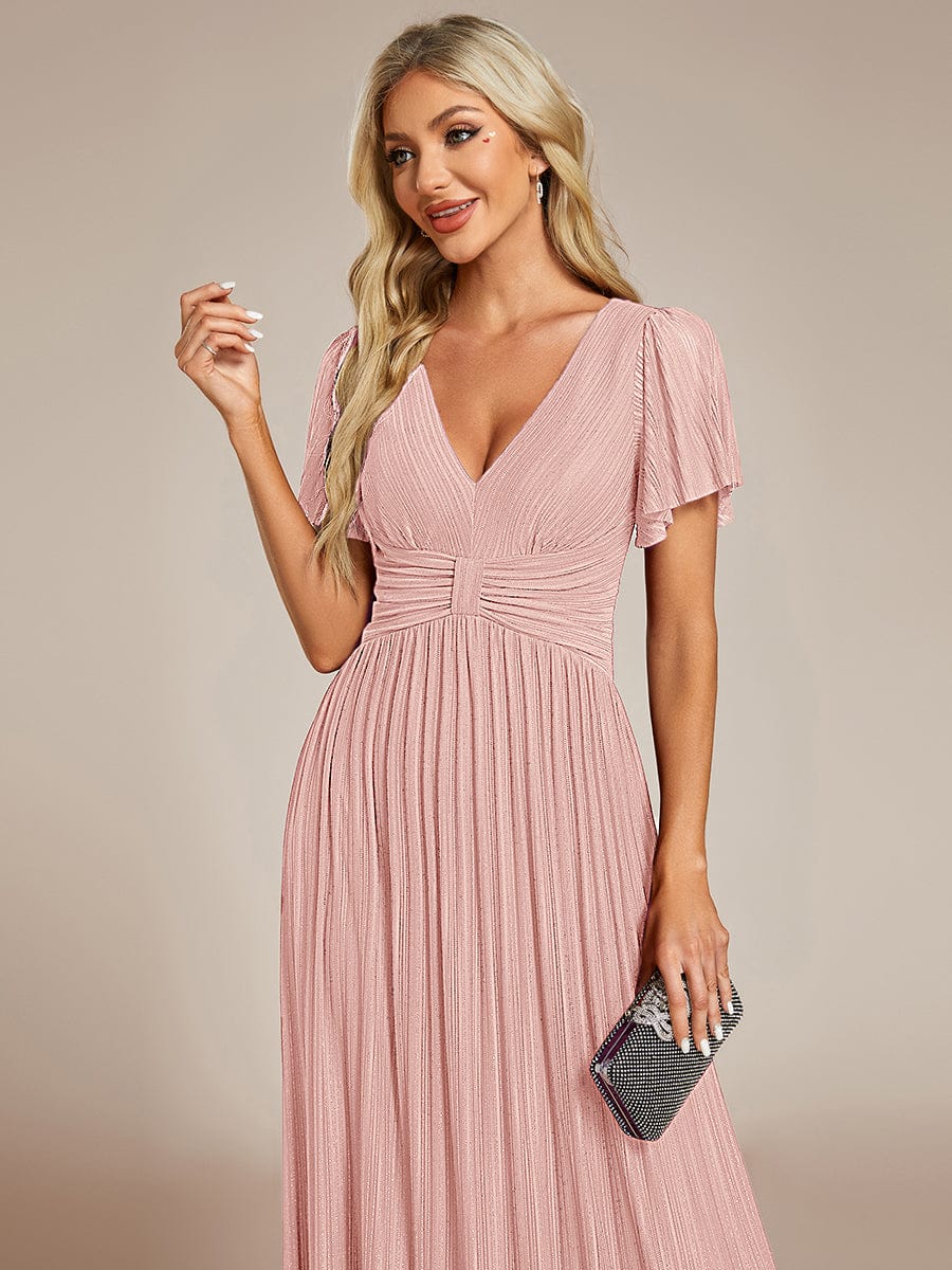 Sparkle Short Sleeves Formal Evening Dress with V-Neck #color_Pink