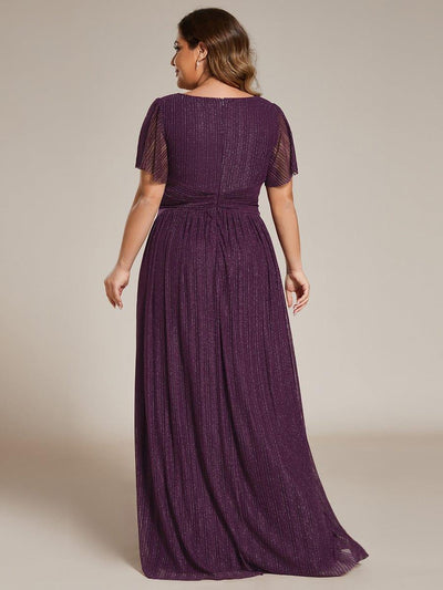 Plus Size Sparkle Short Sleeves Formal Evening Dress with V-Neck #color_Purple Wisteria