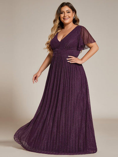 Plus Size Sparkle Short Sleeves Formal Evening Dress with V-Neck #color_Purple Wisteria