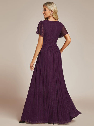 Sparkle Short Sleeves Formal Evening Dress with V-Neck #color_Purple Wisteria