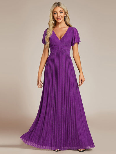 Sparkle Short Sleeves Formal Evening Dress with V-Neck #color_Sparkling Grape