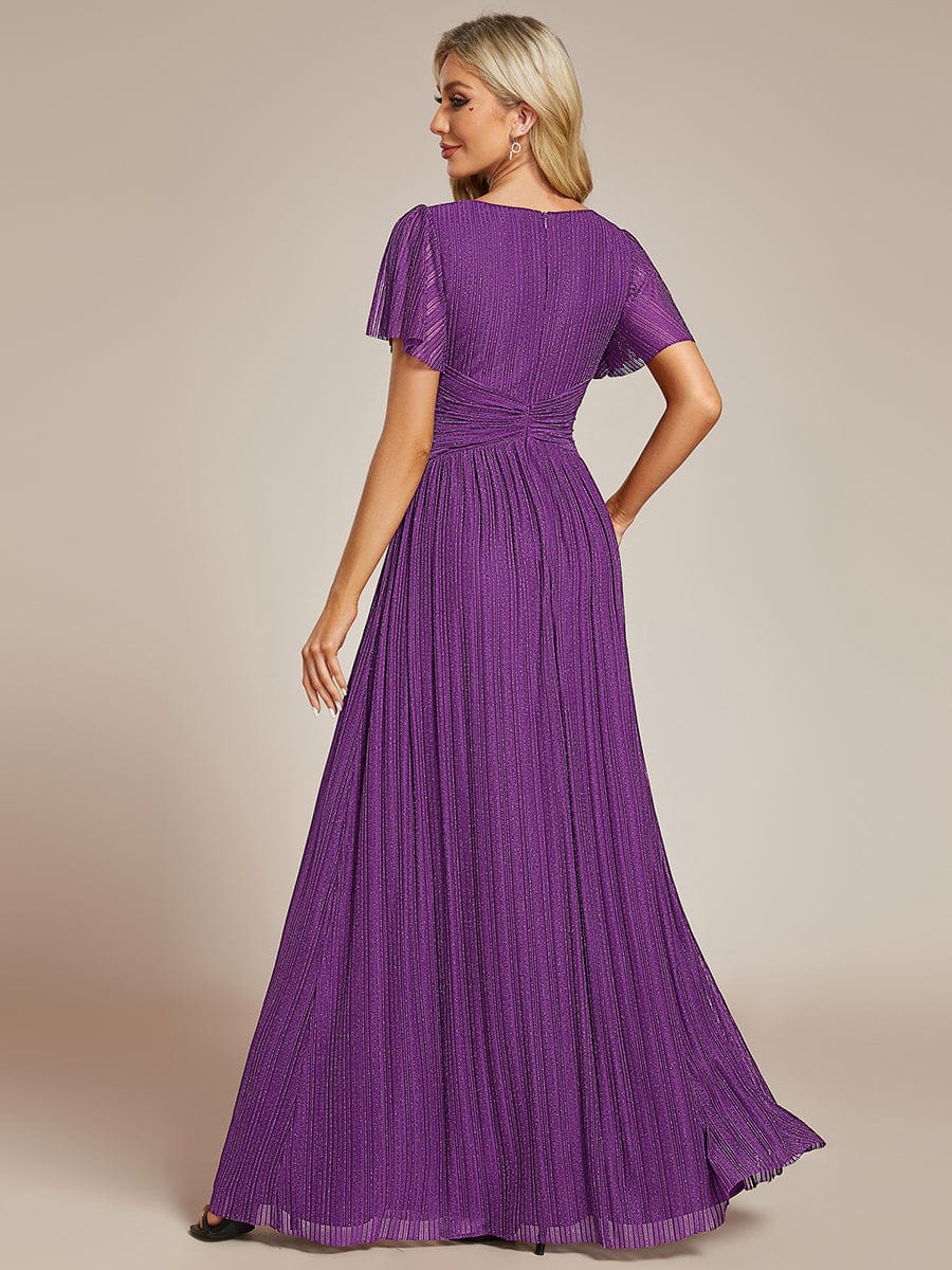 Sparkle Short Sleeves Formal Evening Dress with V-Neck #color_Sparkling Grape