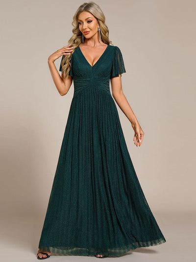 Sparkle Short Sleeves Formal Evening Dress with V-Neck #color_Teal