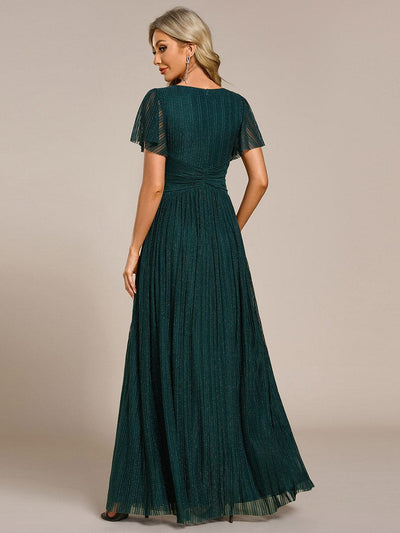 Sparkle Short Sleeves Formal Evening Dress with V-Neck #color_Teal