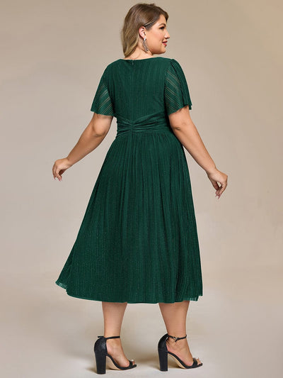 Deep V-Neck Mesh Ruffle Sleeve Evening Dress #color_Dark Green