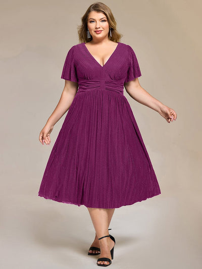 Deep V-Neck Mesh Ruffle Sleeve Evening Dress #color_Purple Wisteria