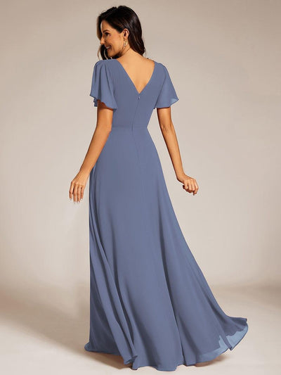 Chiffon A-Line Pleated Evening Dress with Short Sleeves and Sequin Waist #color_Dusty Blue