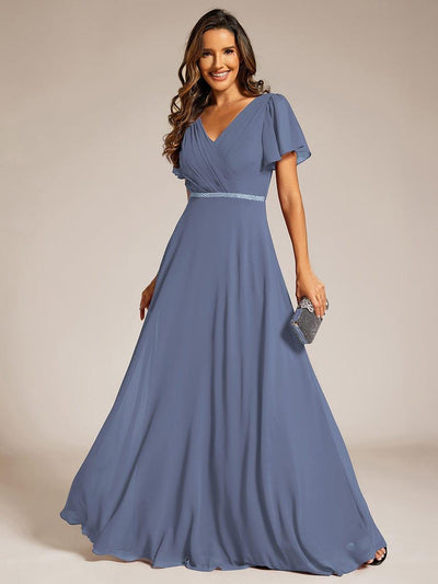 Chiffon A-Line Pleated Evening Dress with Short Sleeves and Sequin Waist #color_Dusty Blue
