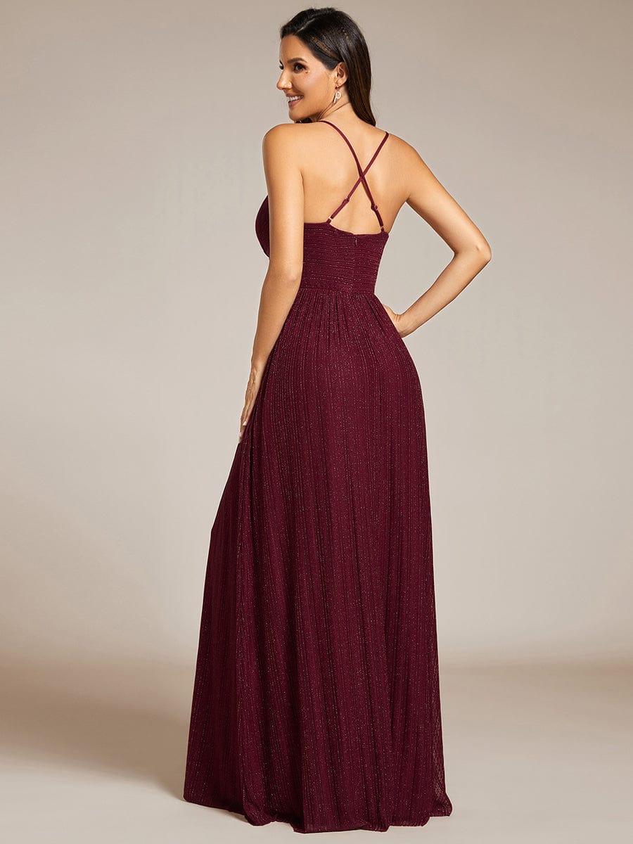 V-Neck Glittery Spaghetti Straps Backless Formal Evening Dress #color_Burgundy
