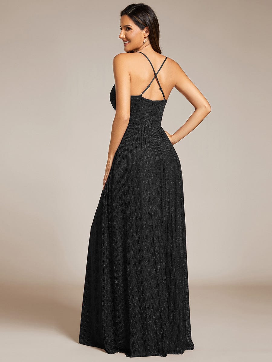 V-Neck Glittery Spaghetti Straps Backless Formal Evening Dress #color_Black