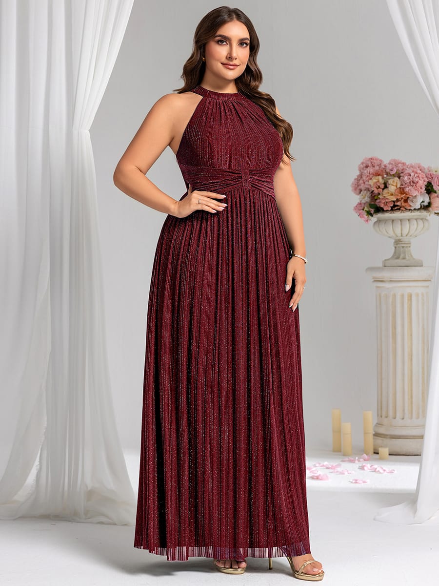 Sparkle Halter Neck Formal Evening Dress with A-line Silhouette #color_Burgundy