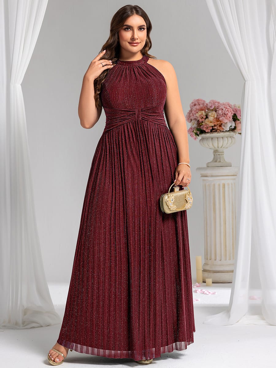 Sparkle Halter Neck Formal Evening Dress with A-line Silhouette #color_Burgundy