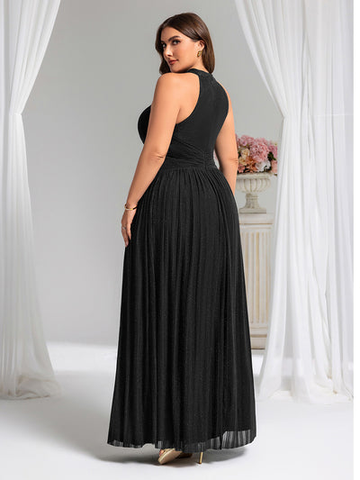 Sparkle Halter Neck Formal Evening Dress with A-line Silhouette #color_Black