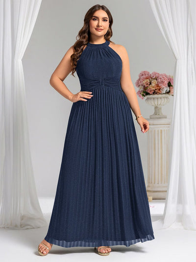 Sparkle Halter Neck Formal Evening Dress with A-line Silhouette #color_Navy Blue