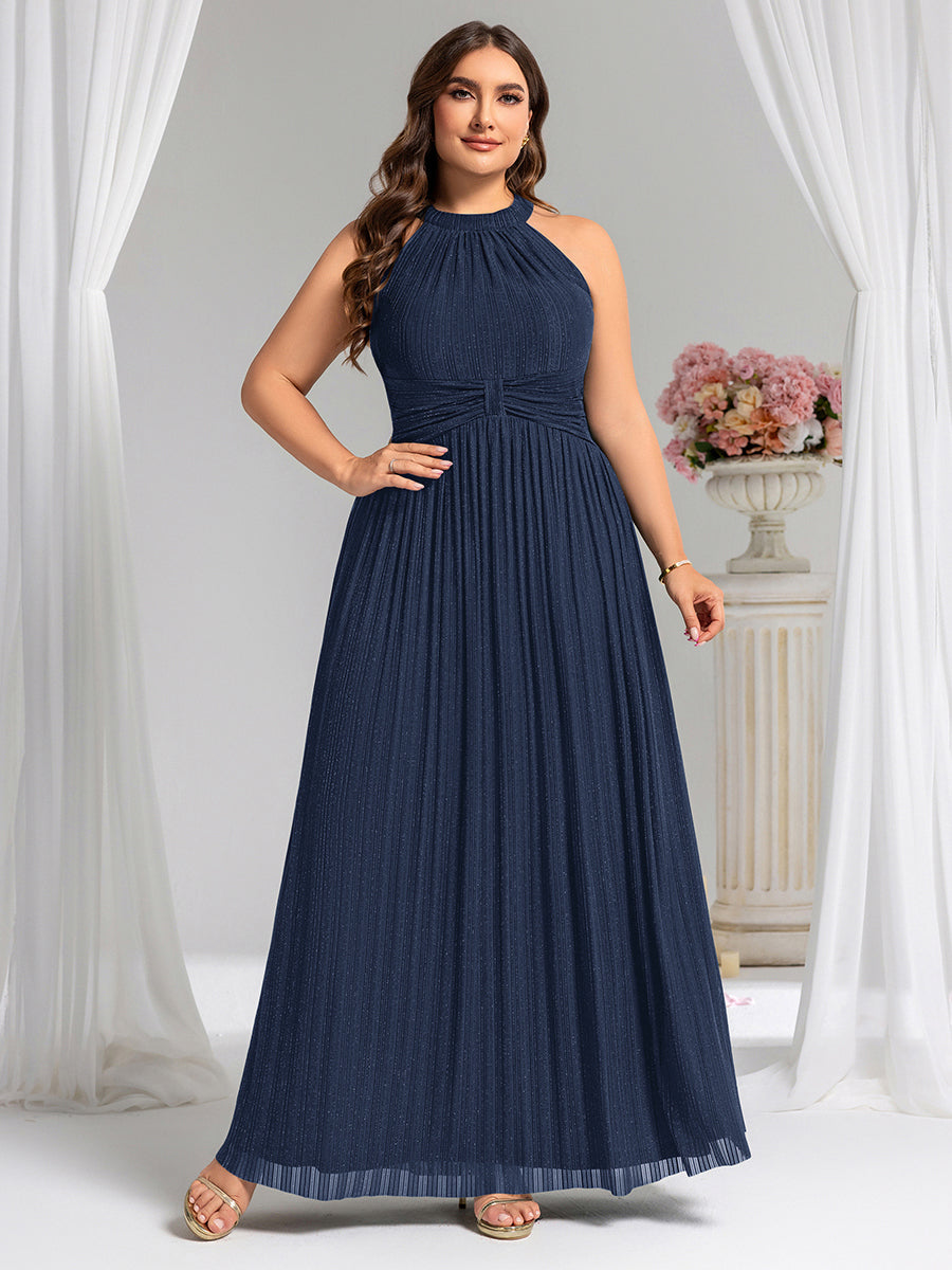 Sparkle Halter Neck Formal Evening Dress with A-line Silhouette #color_Navy Blue