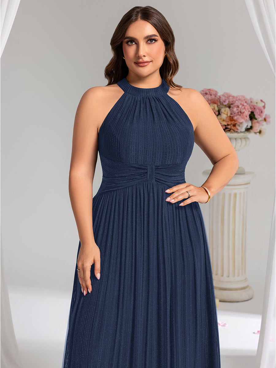 Sparkle Halter Neck Formal Evening Dress with A-line Silhouette #color_Navy Blue