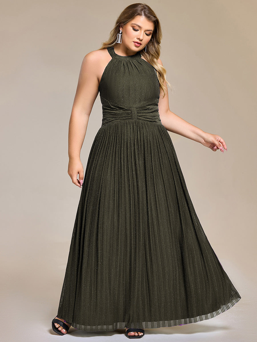 Sparkle Halter Neck Formal Evening Dress with A-line Silhouette #color_Olive Green