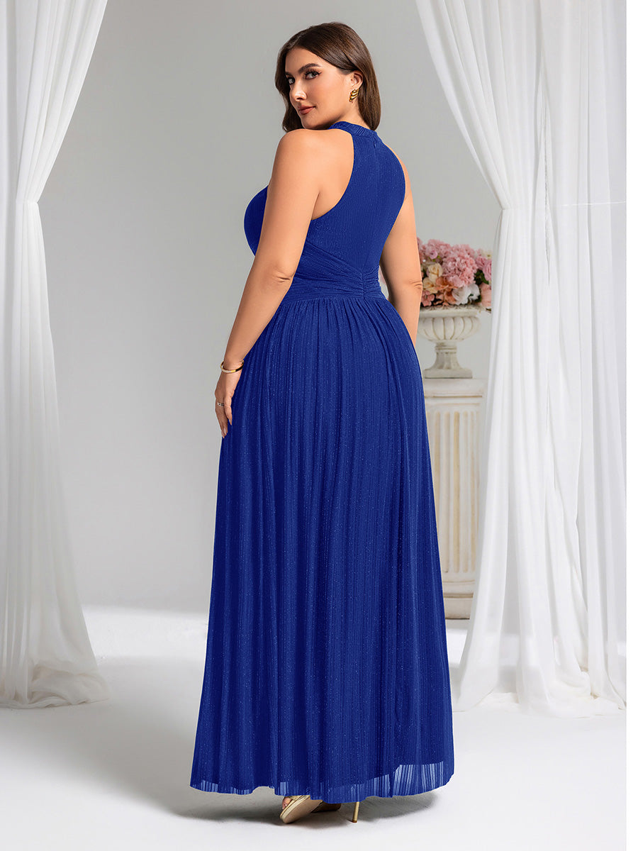 Sparkle Halter Neck Formal Evening Dress with A-line Silhouette #color_Sapphire Blue