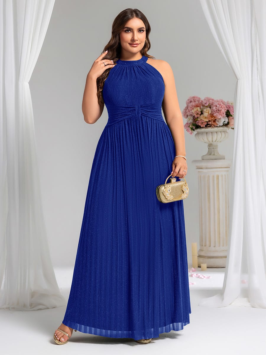 Sparkle Halter Neck Formal Evening Dress with A-line Silhouette #color_Sapphire Blue