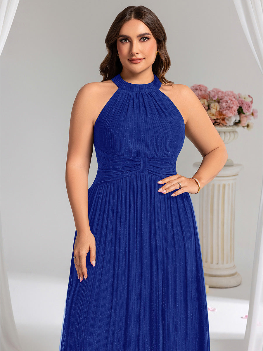 Sparkle Halter Neck Formal Evening Dress with A-line Silhouette #color_Sapphire Blue