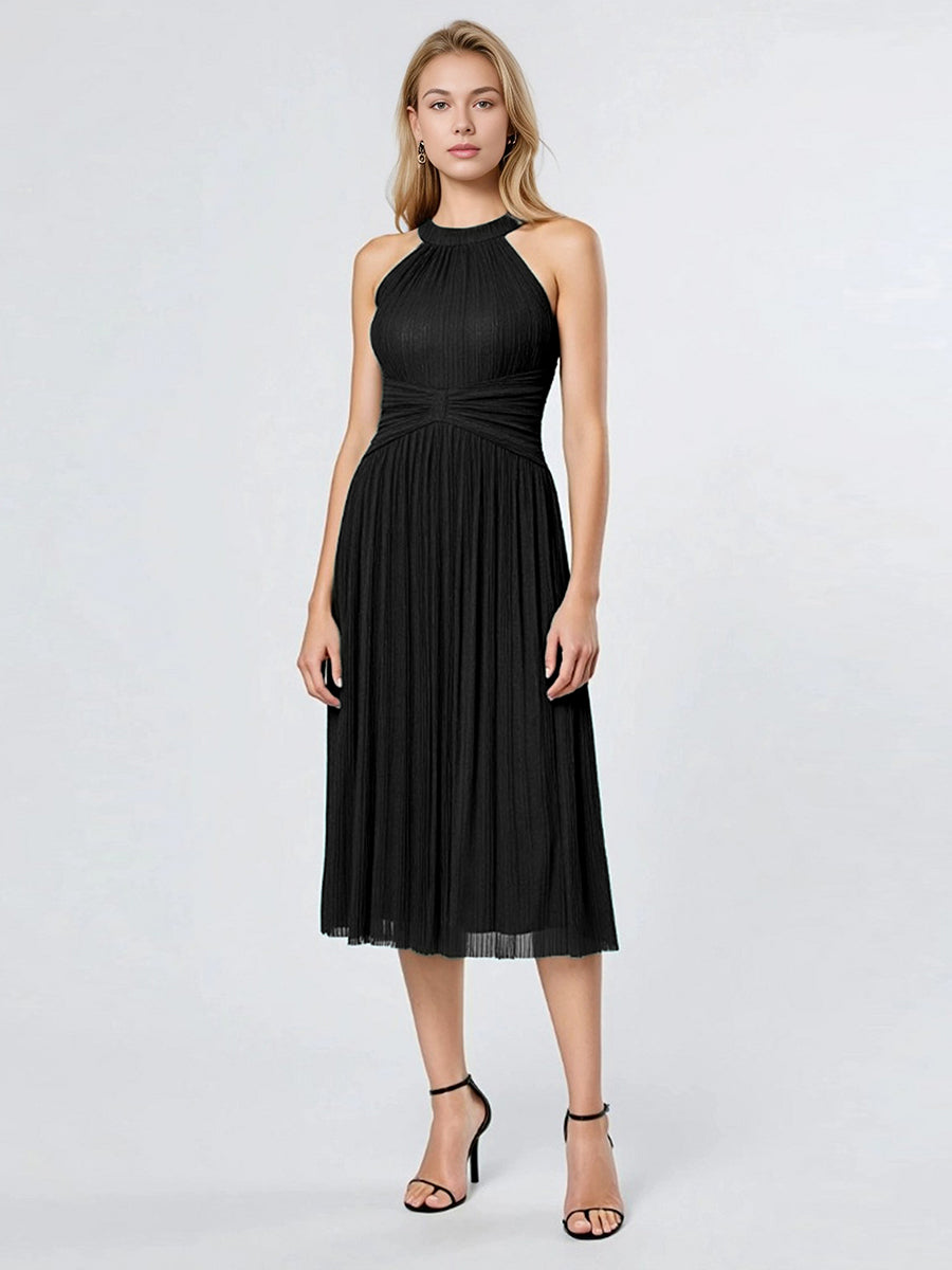 Mesh Sleeveless A-Line Evening Dress #color_Black
