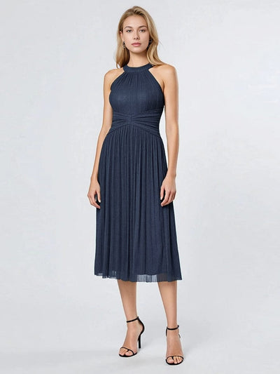 Mesh Sleeveless A-Line Evening Dress #color_Navy Blue