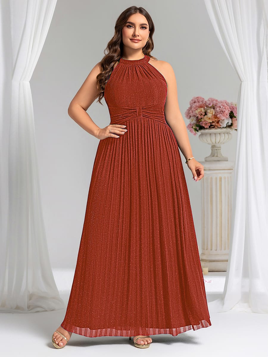Sparkle Halter Neck Formal Evening Dress with A-line Silhouette #color_Burnt Orange