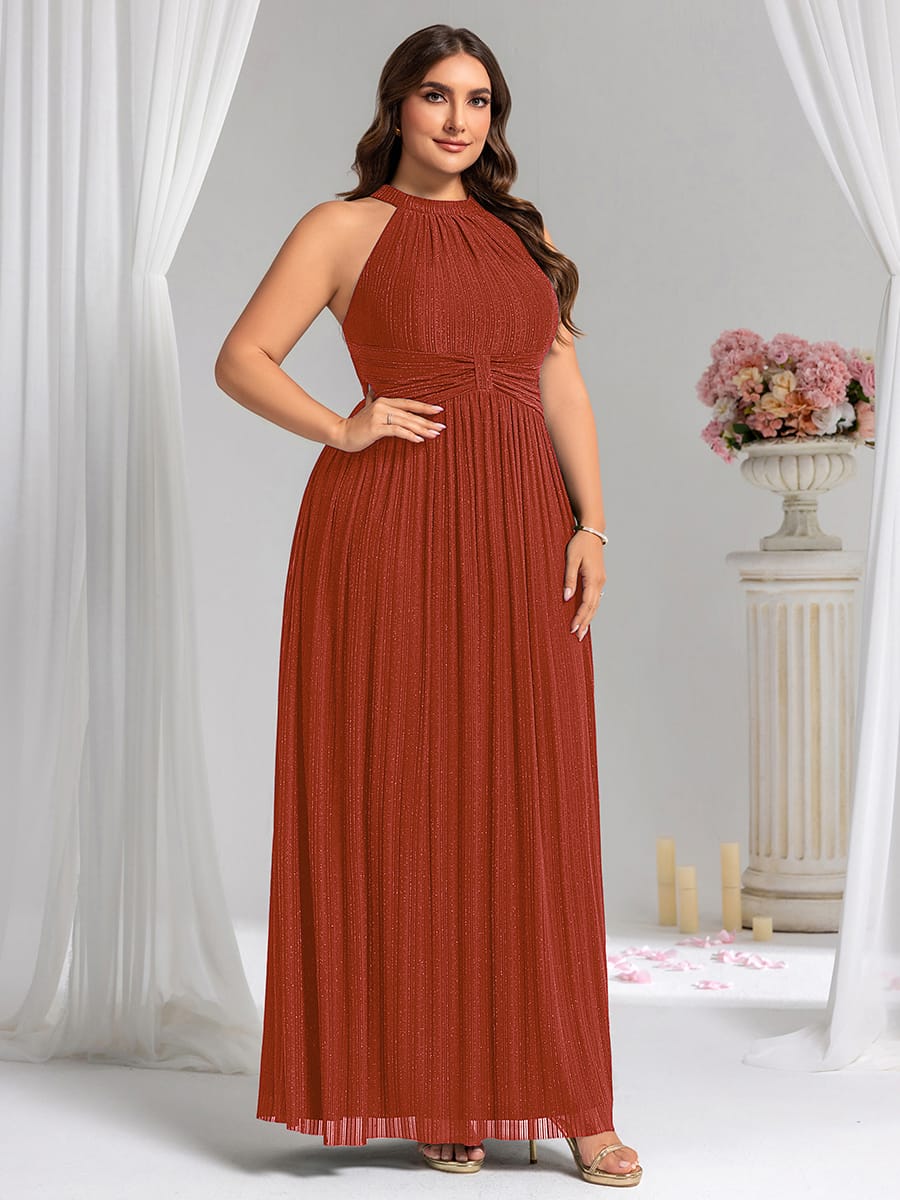 Sparkle Halter Neck Formal Evening Dress with A-line Silhouette #color_Burnt Orange