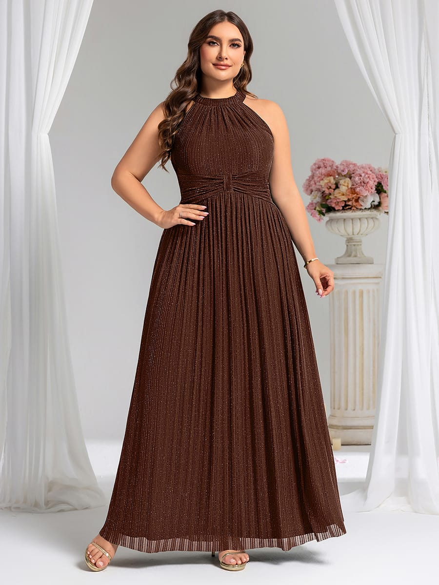 Sparkle Halter Neck Formal Evening Dress with A-line Silhouette #color_Chocolate brown