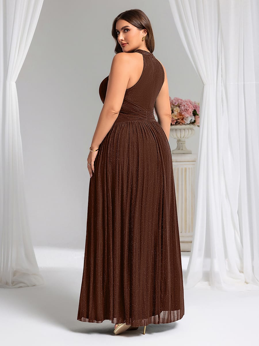 Sparkle Halter Neck Formal Evening Dress with A-line Silhouette #color_Chocolate brown