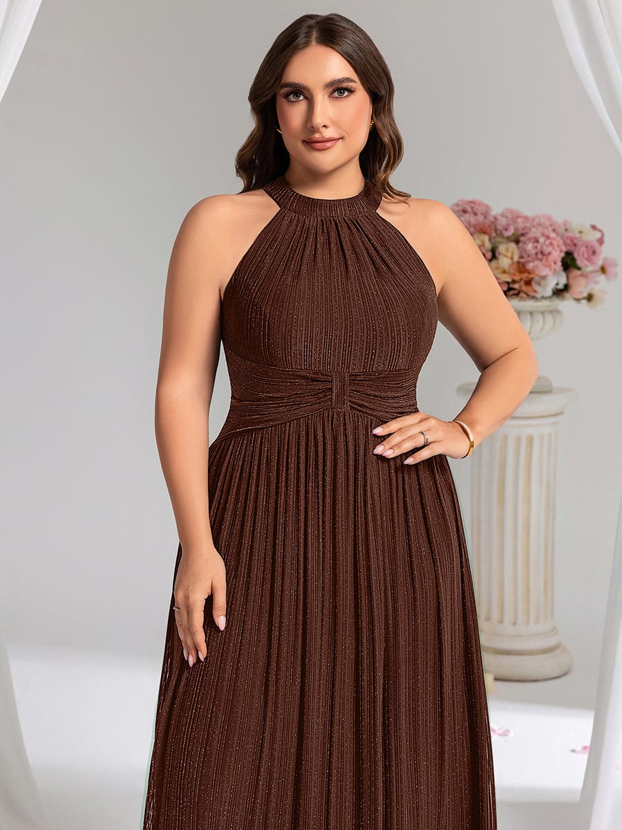 Sparkle Halter Neck Formal Evening Dress with A-line Silhouette #color_Chocolate brown