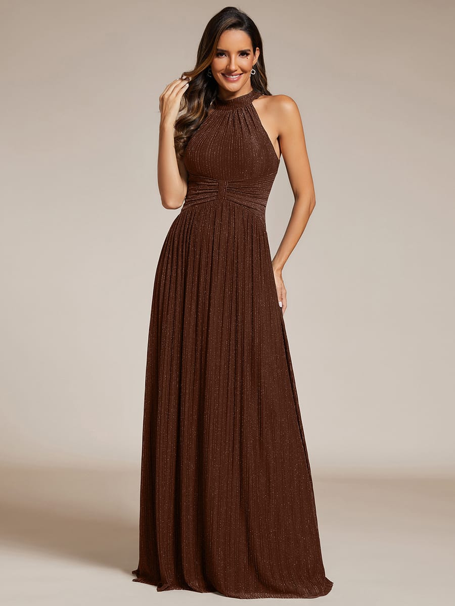 Sparkle Halter Neck Formal Evening Dress with A-line Silhouette #color_Chocolate brown