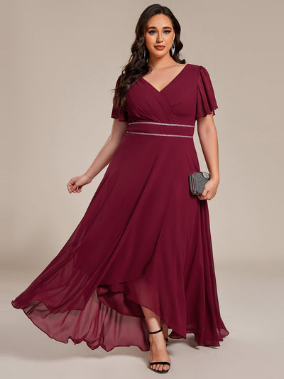 Chiffon Ruffle Sleeves Rhinestone Waist High-Low Wedding Guest Dress For Wedding #color_Burgundy
