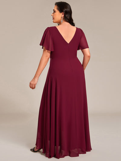 Chiffon Ruffle Sleeves Rhinestone Waist High-Low Wedding Guest Dress For Wedding #color_Burgundy