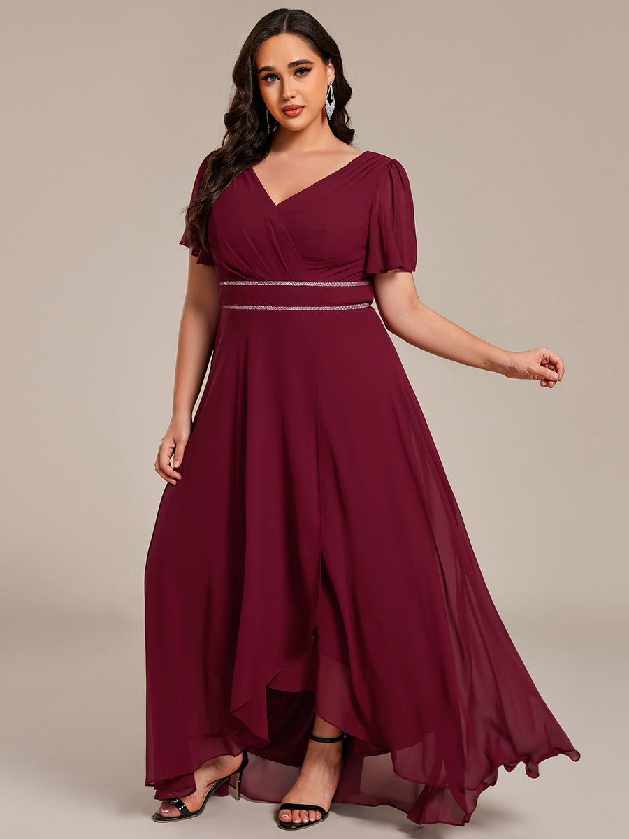 Chiffon Ruffle Sleeves Rhinestone Waist High-Low Wedding Guest Dress For Wedding #color_Burgundy